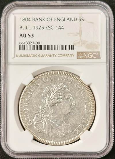 “福币呈祥”新年甄品场（直播拍卖）甄臻铺-世界币章拍卖（第50期），送拍享返佣金等优惠多多 - NGC-AU53 英国1804年英格兰银行乔治三世5先令银币，细节很好