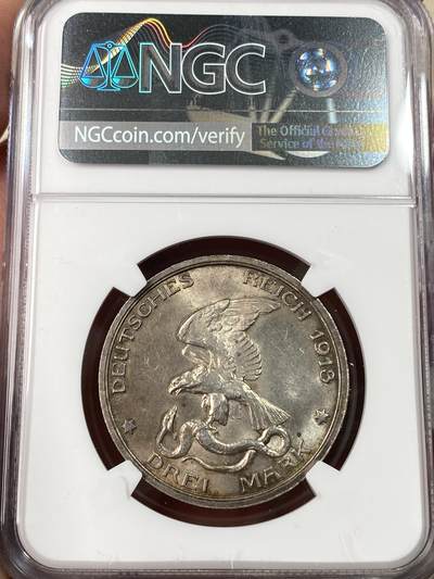 万国钱币拍卖第061期（马年首拍） NGC MS63 1913普鲁士战胜拿破仑纪念3马克 原味淡彩黄油转光