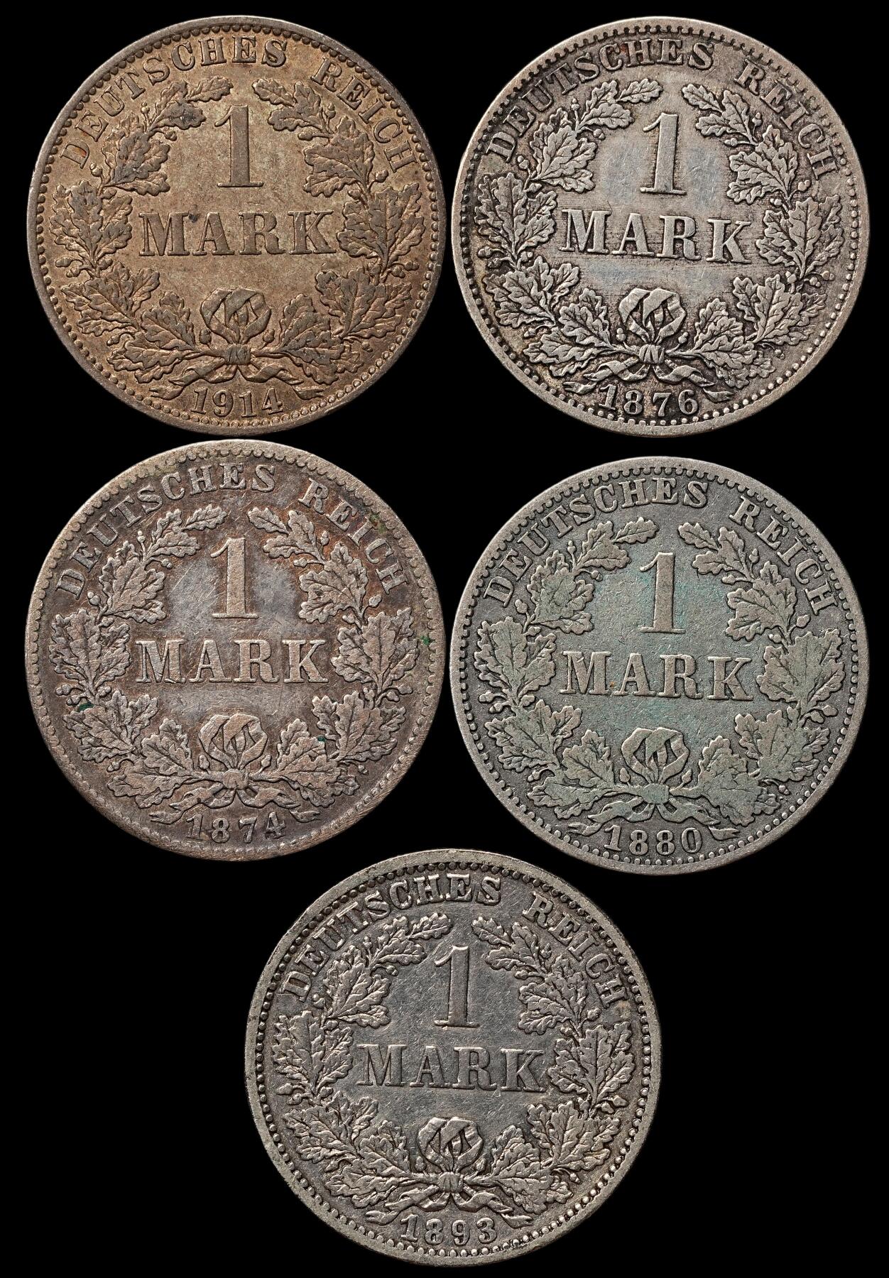 修遠堂世界钱币第105期，马年首拍 德国1马克银币一组，总重27.26g，含银90%