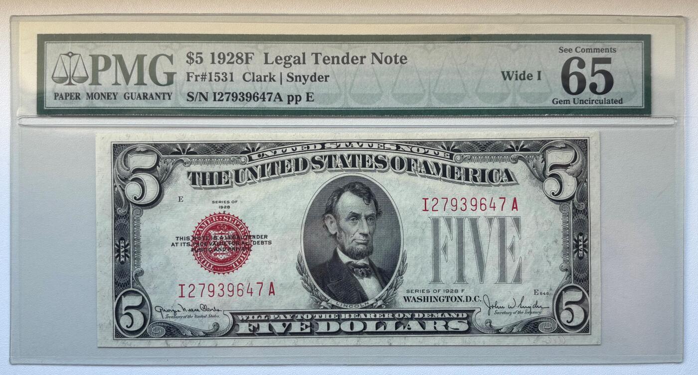【礼羽收藏】🌏世界钱币拍卖125期 【红色 政府券】1928F年 5美元 PMG65EPQ 老壳