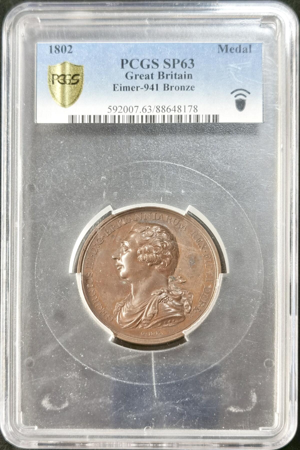 “福币呈祥”新年甄品场（直播拍卖）甄臻铺-世界币章拍卖（第50期），送拍享返佣金等优惠多多 PCGS-SP63 1802英国原铸乔治三世守护不列颠纪念铜章，铭文“无处不在的和平”，非常少见的一款拿破仑战争纪念章。