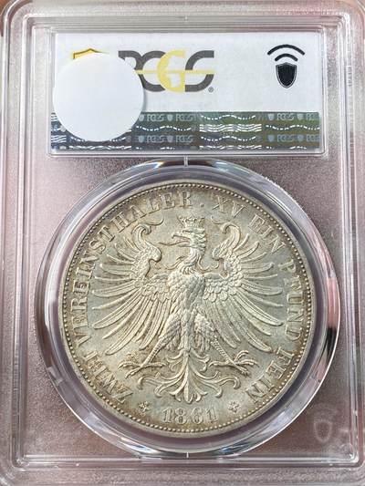 万国钱币拍卖第061期（马年首拍） PCGS MS62 1861年德国法兰克福少女流通2泰勒 清新淡雅包浆 原味十字转光