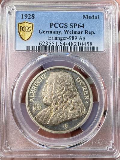 万国钱币拍卖第061期（马年首拍） - PCGS SP64 1928年德国版画画仙丢勒逝世400周年纪念银章 精铸镜面满喷砂质感 香槟彩原味包浆环绕 收藏级品质
