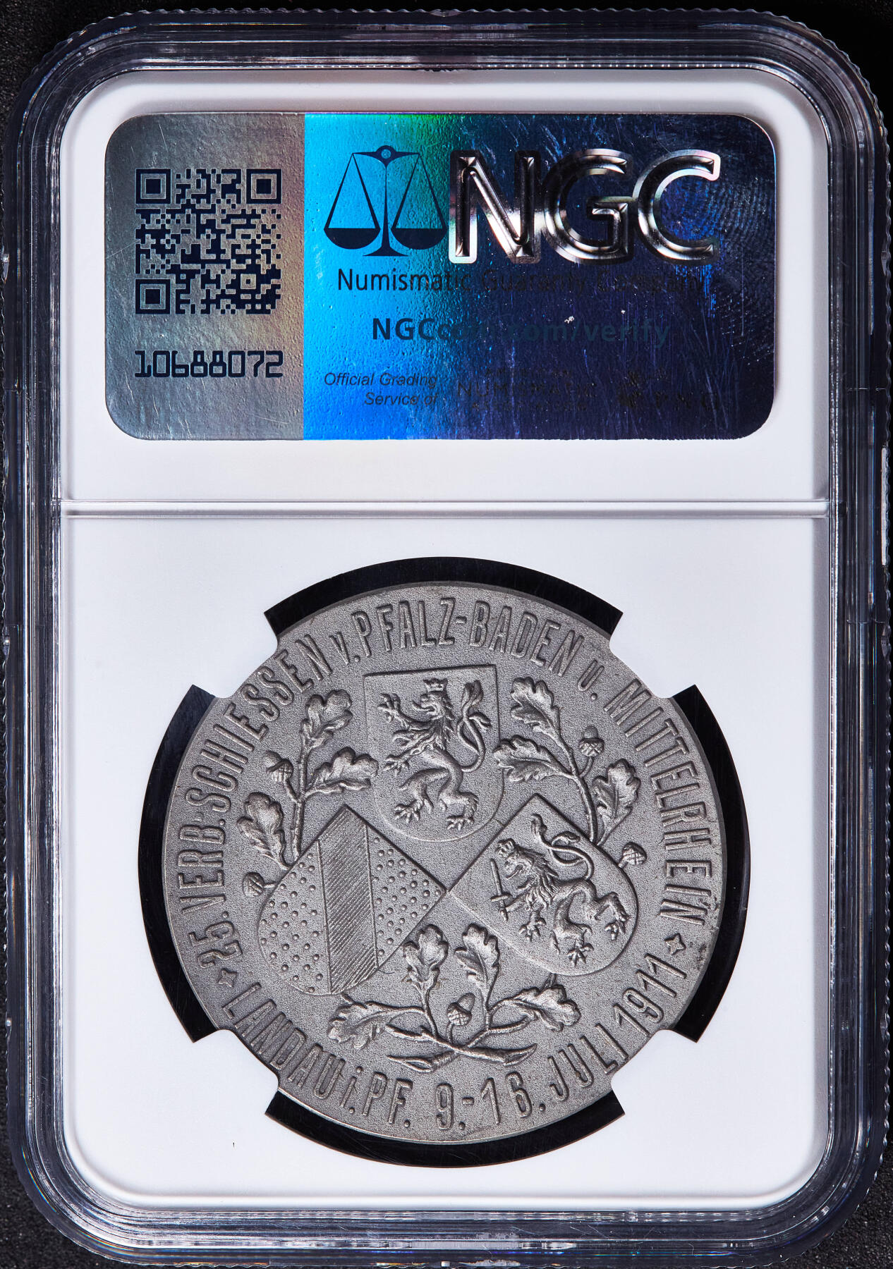 【俄甄集藏】马年新春第一拍 2026年(048)02-25星期三 晚 19:30 全场包邮 德国普尔法茨-巴登1911年柳特波德亲王头像纪念兰道射击节大银章，NGC MS66 Matte，原味老包浆，磨砂底板，顶级状态
