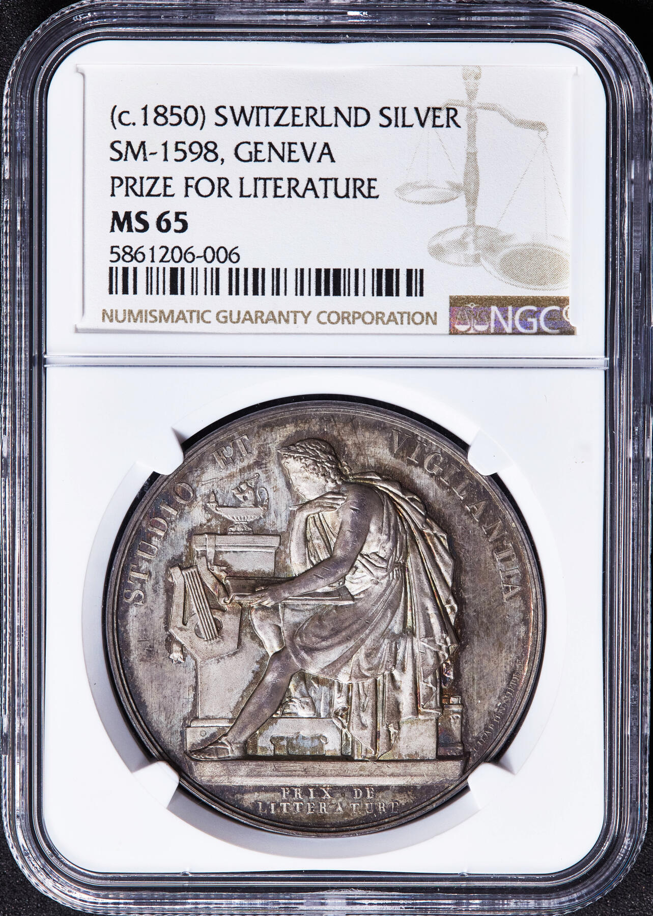 【俄甄集藏】马年新春第一拍 2026年(048)02-25星期三 晚 19:30 全场包邮 瑞士1850年代日内瓦学院文学奖励大银章，NGC MS65，黄油彩，类精制底板，高浮雕，设计精美