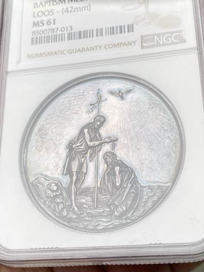 万国钱币拍卖第061期（马年首拍） NGC MS61 19世纪中期德国圣约翰在约旦河为耶稣基督施洗纪念大银章 罕见品种原味油彩质感收藏级品质