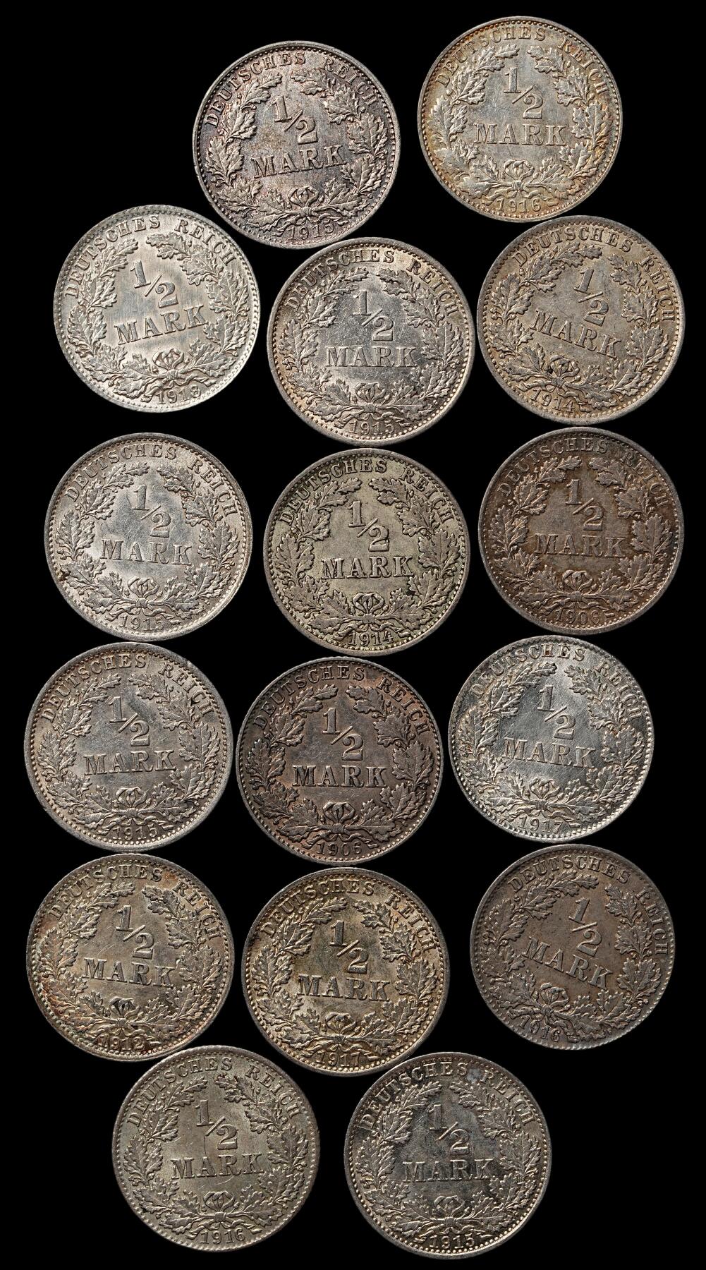 修遠堂世界钱币第105期，马年首拍 德国1/2马克银币，第一组，总重44.46g，含银90%