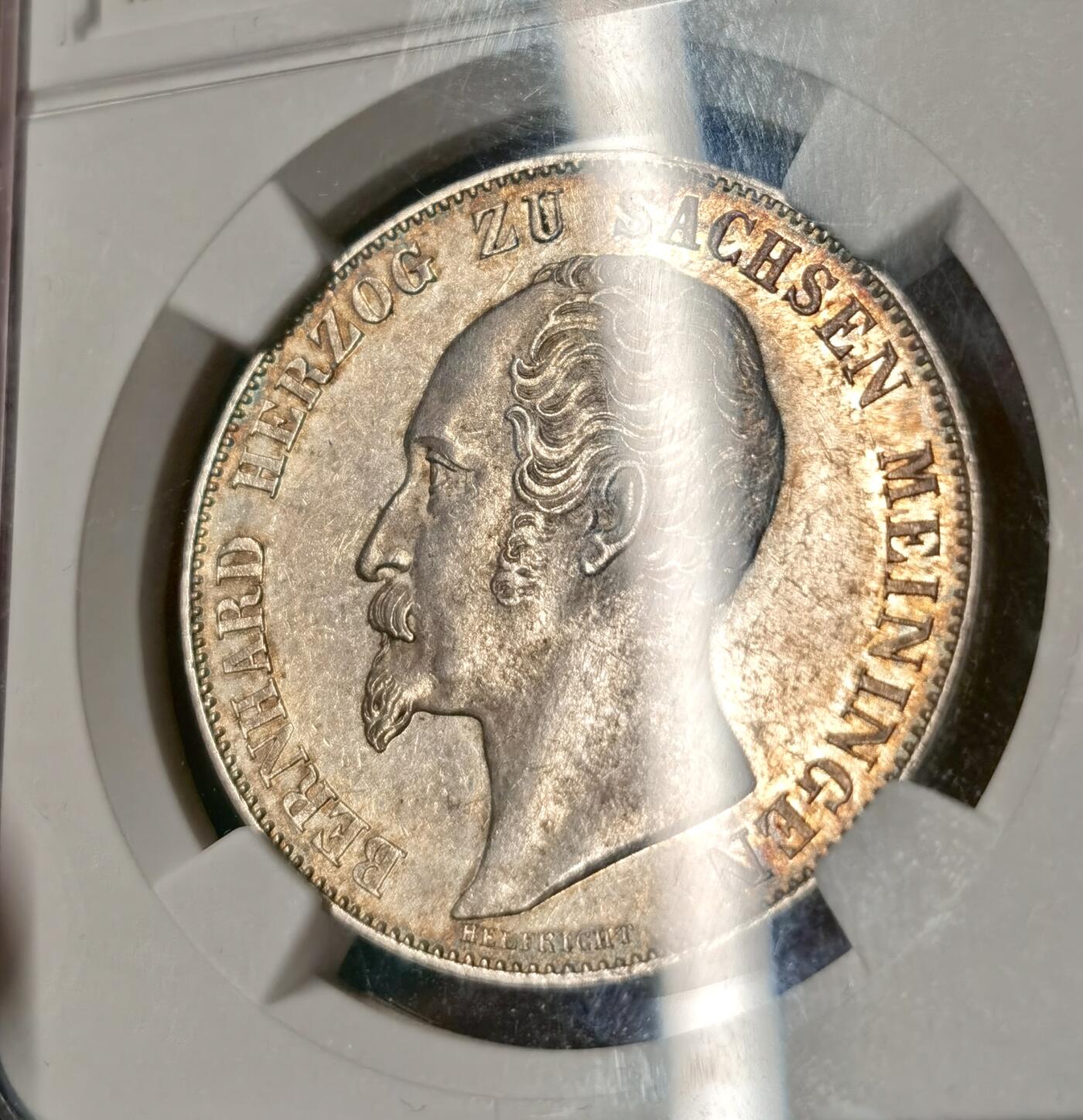 “福币呈祥”新年甄品场（直播拍卖）甄臻铺-世界币章拍卖（第50期），送拍享返佣金等优惠多多 NGC-MS61 1854年德国萨克森-梅宁根2古尔登大银币 罕见小邦品种 暴力十字转光银霜满满，低评高性价比