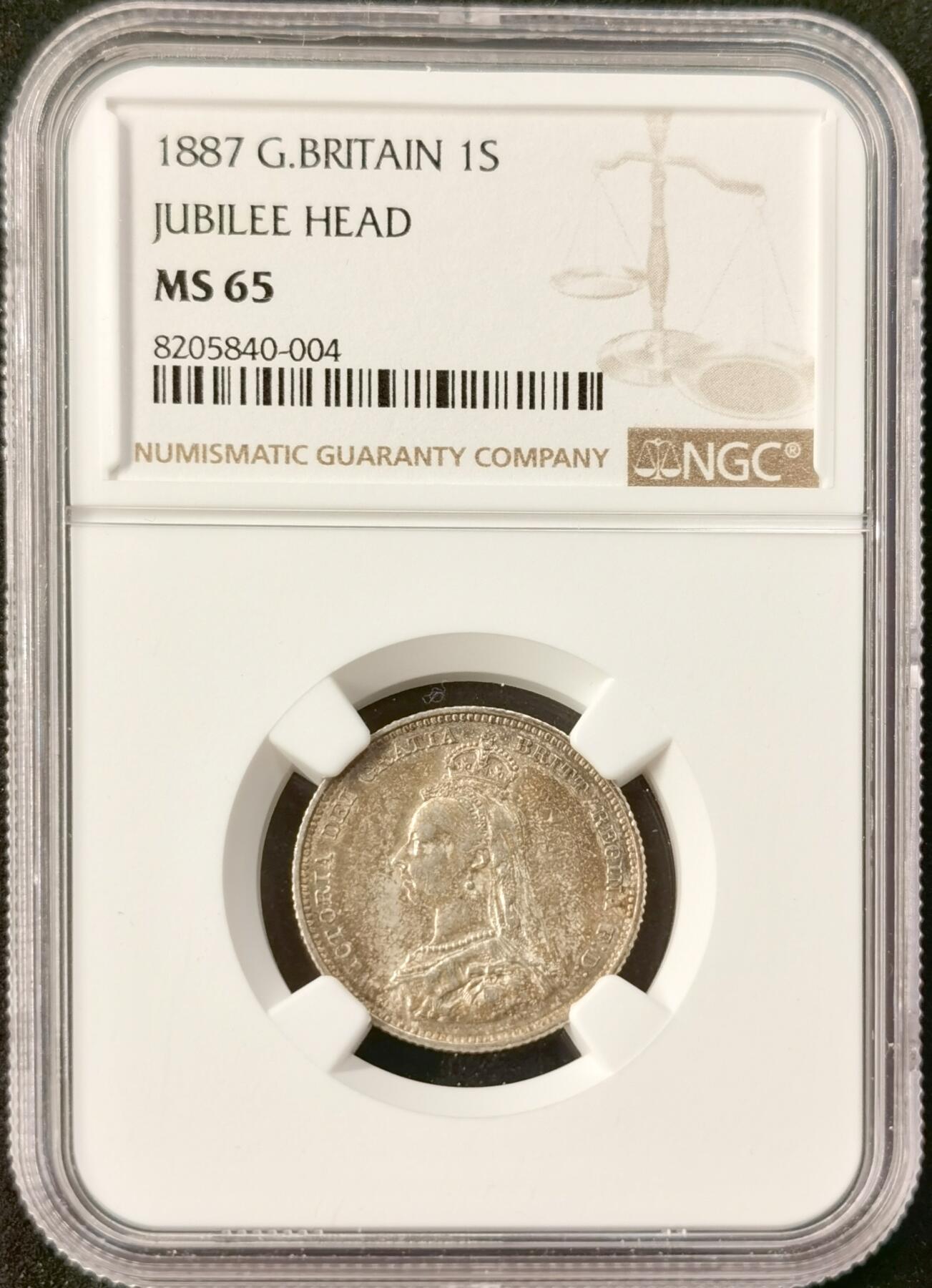 “福币呈祥”新年甄品场（直播拍卖）甄臻铺-世界币章拍卖（第50期），送拍享返佣金等优惠多多 NGC-MS65 英国 1887年 1S JUBILEE HEAD先令 银币 高冠维多利亚女王 双面淡彩金光充盈 深银包浆漂亮 难得高分