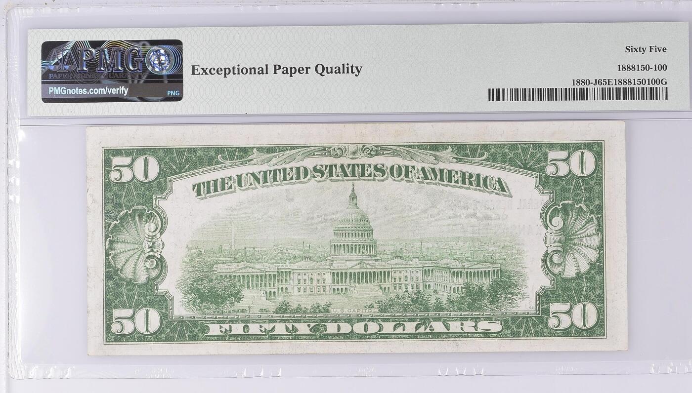 【礼羽收藏】🌏世界钱币拍卖125期 【棕色 联邦储备银行券 Kansas城首发A冠 号码无4】1929年 50美 PMG65EPQ