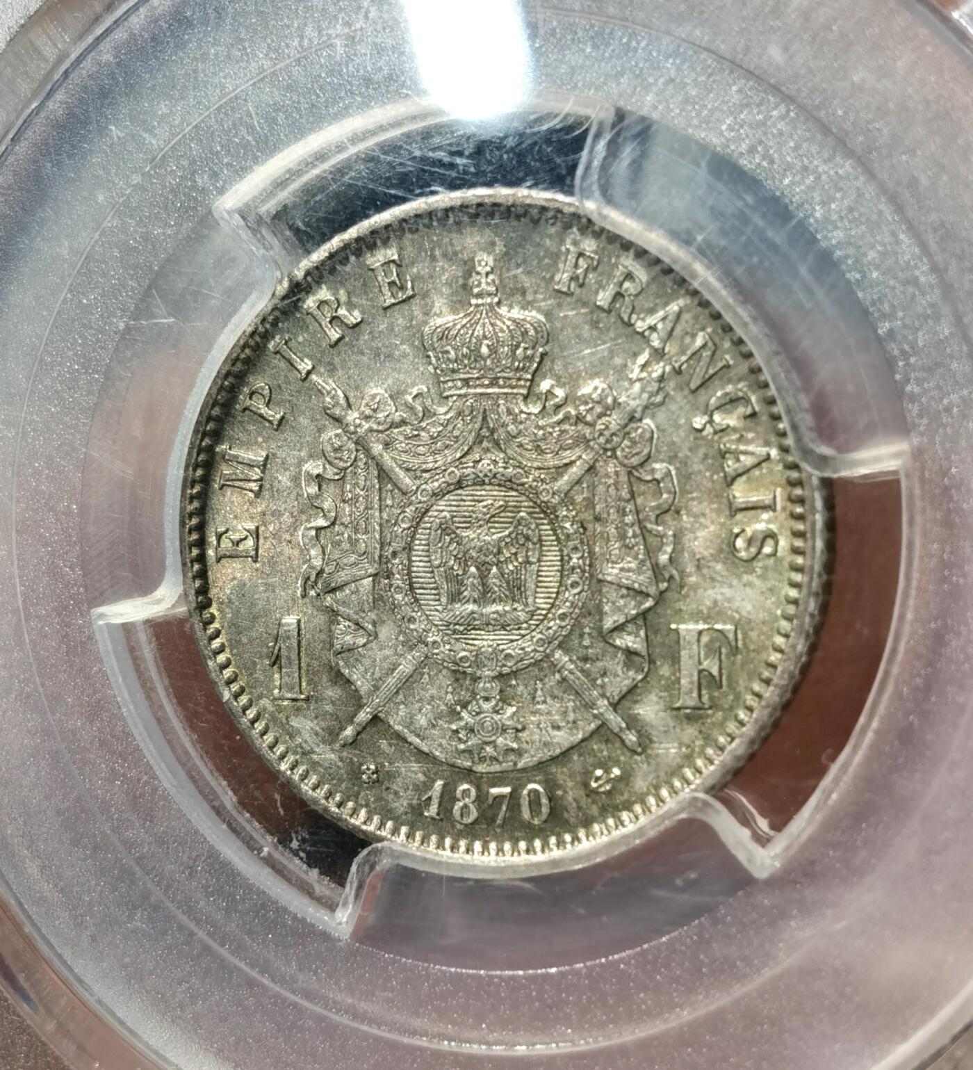 “福币呈祥”新年甄品场（直播拍卖）甄臻铺-世界币章拍卖（第50期），送拍享返佣金等优惠多多 PCGS-MS63 法国 1870年BB版 1法郎 拿破仑三世银币  BB厂只在第三版所见 关门版  PCGS上MS65 成交价3552元 仅有1枚成交