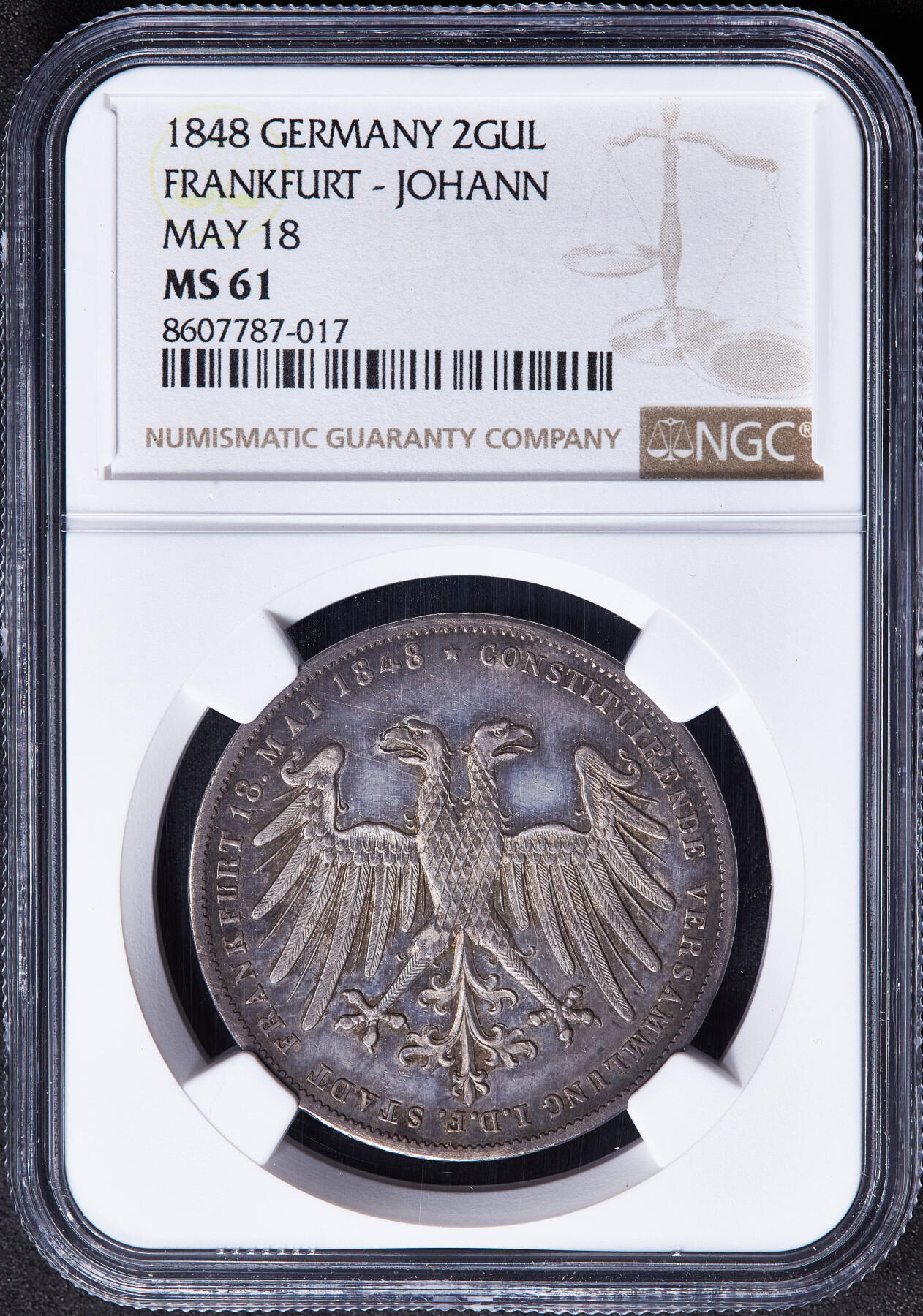 【俄甄集藏】马年新春第一拍 2026年(048)02-25星期三 晚 19:30 全场包邮 德国法兰克福1848年纪念国民议会制定宪法2盾大银币，NGC MS61，紫罗兰酱彩老包浆，原光品相