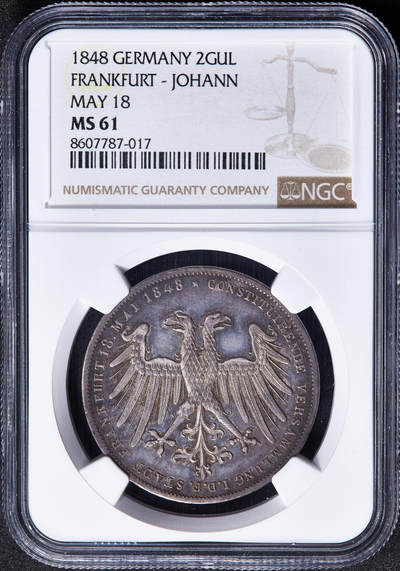 【俄甄集藏】马年新春第一拍 2026年(048)02-25星期三 晚 19:30 全场包邮 - 德国法兰克福1848年纪念国民议会制定宪法2盾大银币，NGC MS61，紫罗兰酱彩老包浆，原光品相
