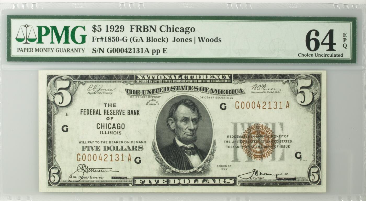 【礼羽收藏】🌏世界钱币拍卖125期  【棕色 联邦储备银行券 Chicago首发A冠 万位号】1929年 5美 PMG64EPQ 老壳