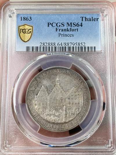 万国钱币拍卖第061期（马年首拍） - PCGS MS64 1863年德国法兰克福王子会议1泰勒 经典法兰城景观品种 浓厚原味欧陆五彩覆盖 极其难得的收藏级状态