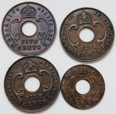 【金马踏春，泉马奔腾】2026 年新年贺岁场，（定于年初五接财神截拍）祝各位老板马到成功，马上有钱，愿岁岁平安喜乐顺遂 - 少见极美品 1941/49/51 年英属东非乔治五世 1-5 分铜币，三枚 I KN 版本，一枚带彩，细节看图