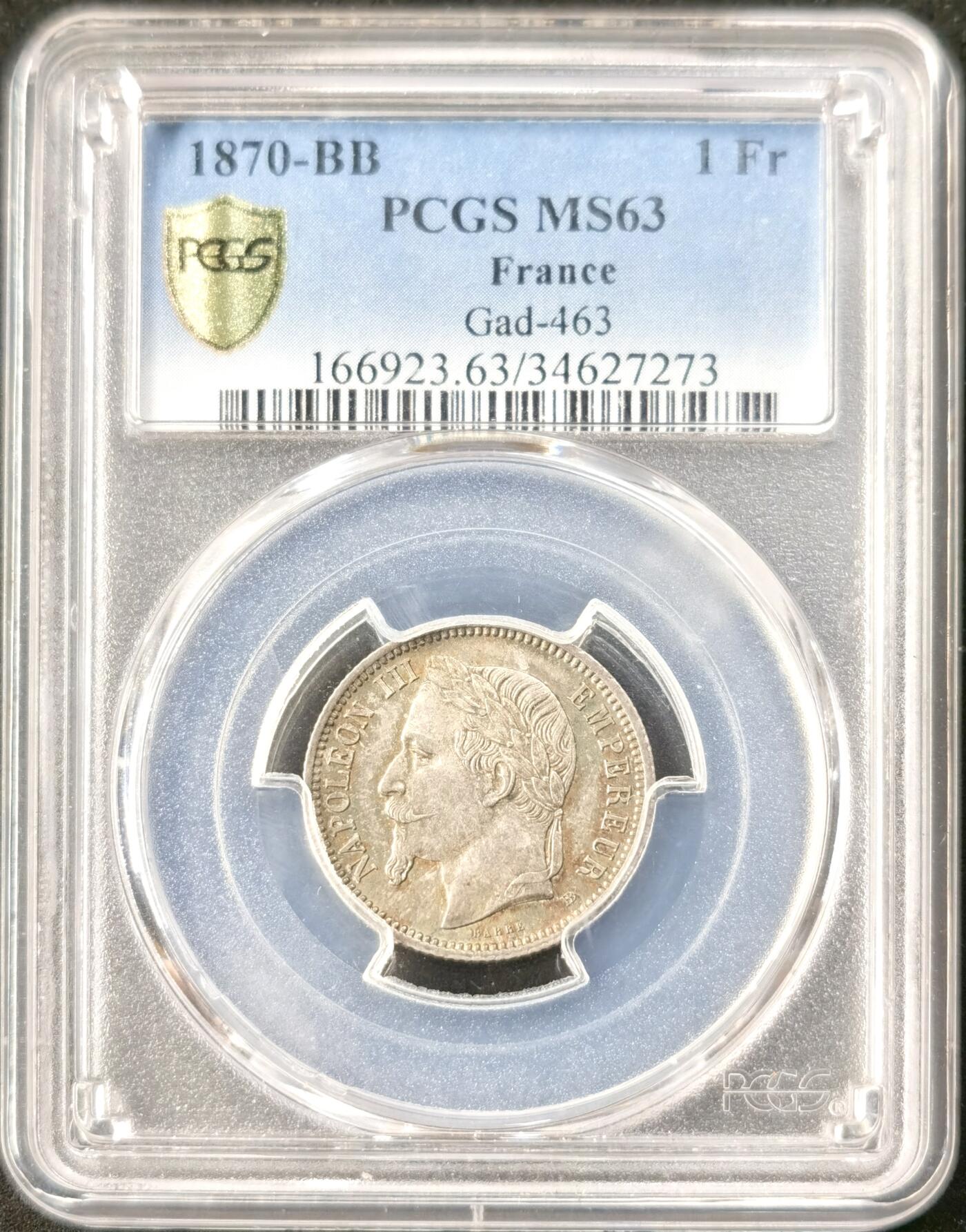 “福币呈祥”新年甄品场（直播拍卖）甄臻铺-世界币章拍卖（第50期），送拍享返佣金等优惠多多 PCGS-MS63 法国 1870年BB版 1法郎 拿破仑三世银币  BB厂只在第三版所见 关门版  PCGS上MS65 成交价3552元 仅有1枚成交