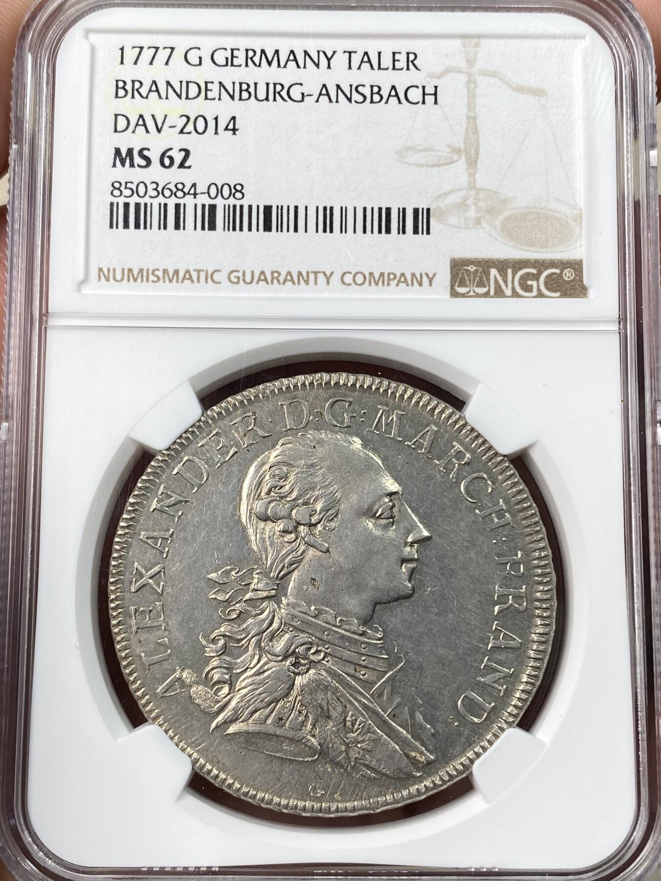 万国钱币拍卖第061期（马年首拍） NGC MS62 1777年德国勃兰登堡-安斯巴赫纹章大泰勒 拥有极其繁复纹章设计的18世纪德国泰勒 其淡包浆浮雕质感令人爱不释手