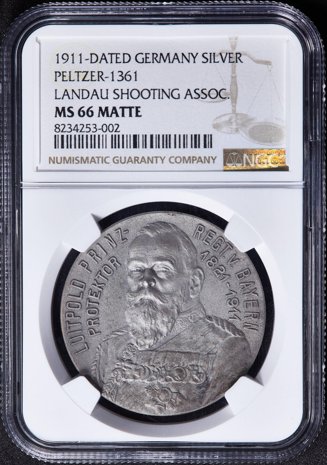 【俄甄集藏】马年新春第一拍 2026年(048)02-25星期三 晚 19:30 全场包邮 德国普尔法茨-巴登1911年柳特波德亲王头像纪念兰道射击节大银章，NGC MS66 Matte，原味老包浆，磨砂底板，顶级状态