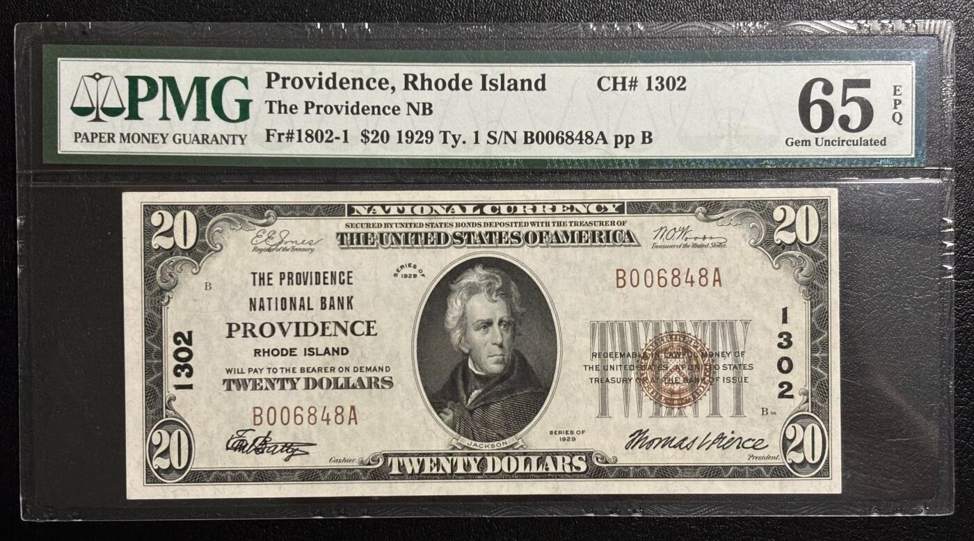 【礼羽收藏】🌏世界钱币拍卖125期 【棕色 国民银行券 类型I Type-1（一串数字号码） 稀少罗德岛】1929年 20美元 PMG65EPQ 老壳