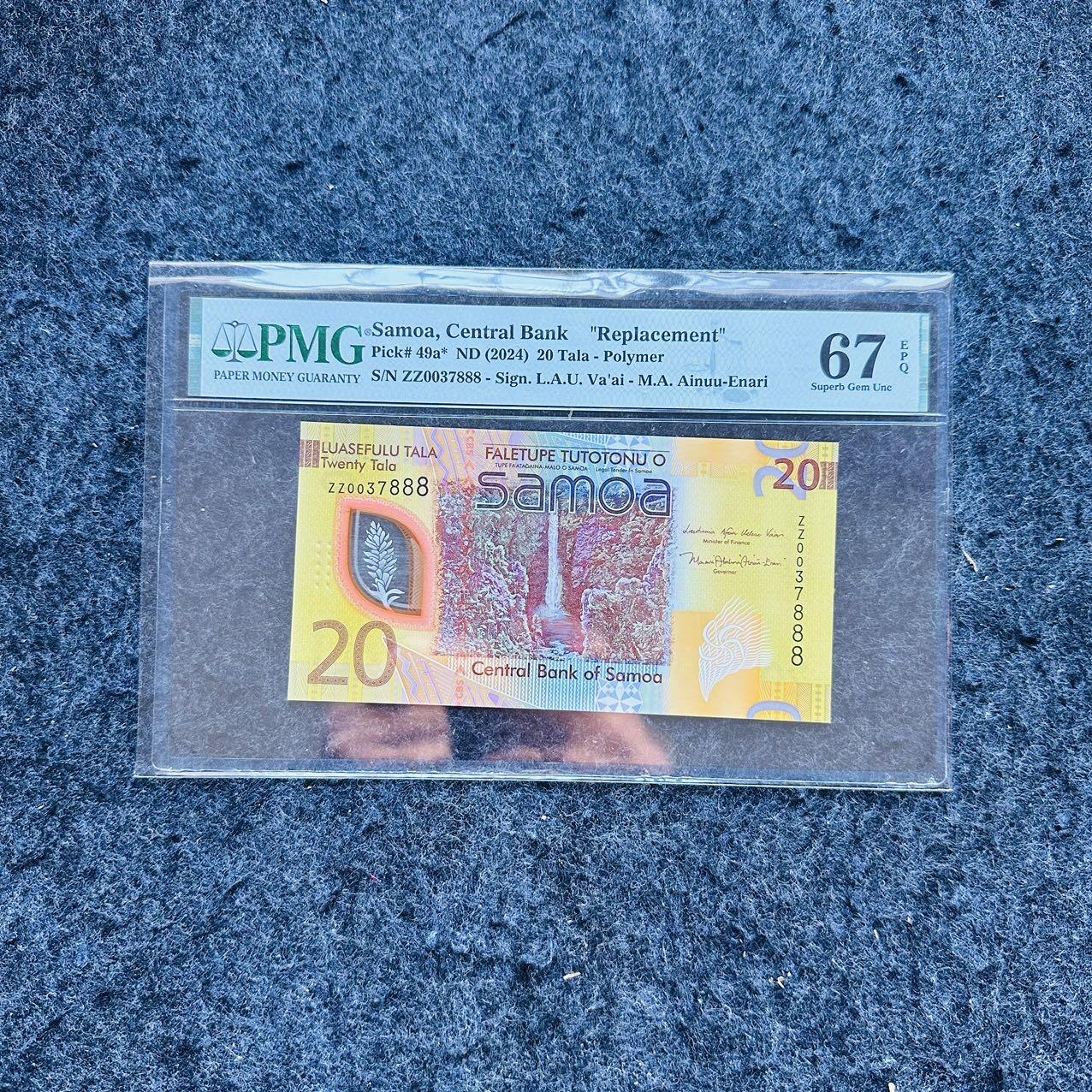 🇨🇳🇺🇳¥ ¥2026🐎新年塑料钞评级钞 萨摩亚2024年20塔拉，ZZ补号冠+豹子号888，(ZZ0037888)