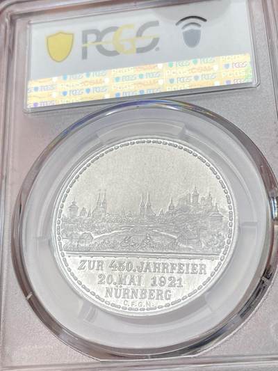 万国钱币拍卖第061期（马年首拍） PCGS SP64 1921年德国纽伦堡纪念日耳曼版画画圣阿尔布雷希特·丢勒诞辰450周年铝章 铝制罕见且相较其他材质更难以保存 背面纽伦堡城市远景精美异常 此枚精铸镜面喷砂质感 不失为此品种的顶级典藏品质 PC冠军分