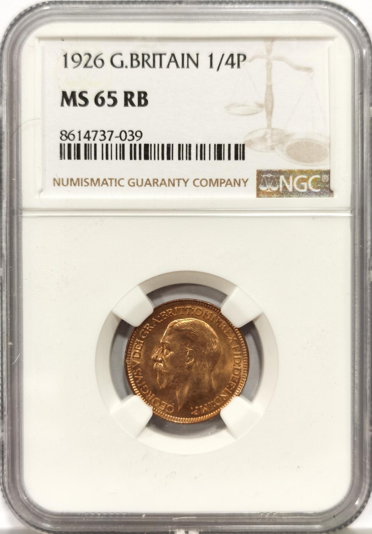 博洋堂蛇年收官专场暨第161期（全场包邮） NGC MS65RB 英国1926年乔治五世国王1法新，1/4便士铜币。第三版头像 相较前两版对于细节的营造更为清晰，整体更加工整。高分难得，但是实际状态严评送pc大概率给red的品相，分数或可更高。