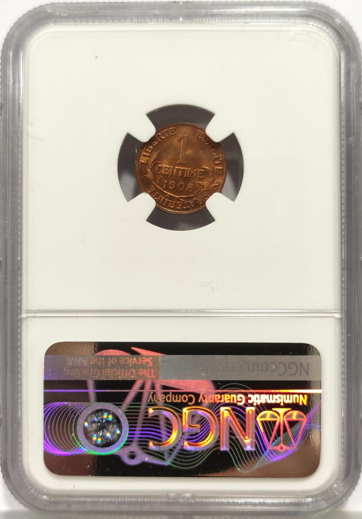 博洋堂蛇年收官专场暨第161期（全场包邮） NGC MS65RB 法国1908年玛丽安娜头像1生丁铜币，来自拍行的小批量库存，百年来未留下丝毫被岁月侵蚀的痕迹，没有理由的RB，送pc的全给了red，分数也大有低估。