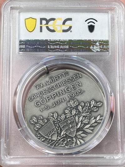 万国钱币拍卖第061期（马年首拍） PCGS SP65 1905年德国符腾堡射击节大银章 带有原铸吊环BU磨砂质感极美收藏级 PC唯一冠军分