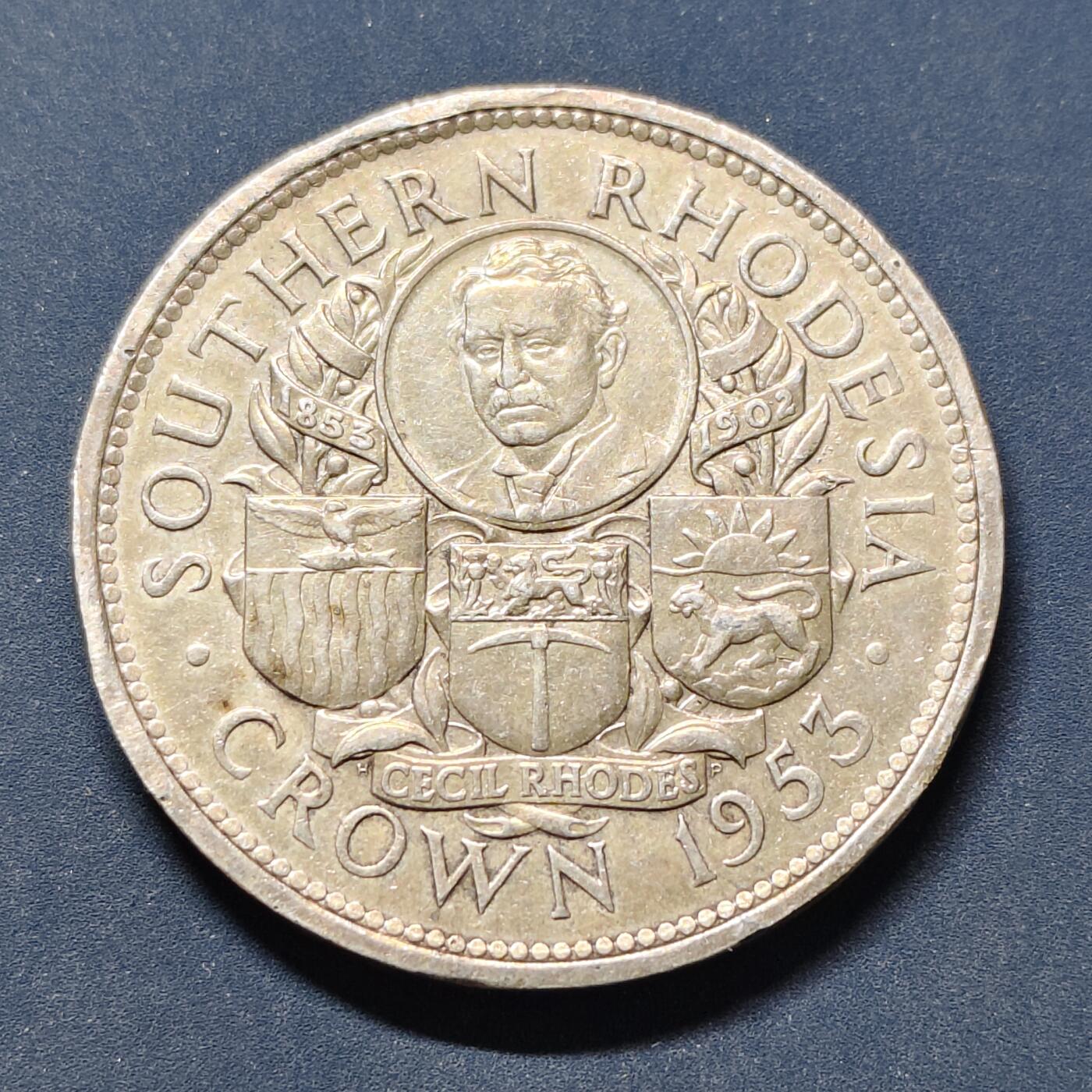 【全场包邮】纯粹捡漏拍503场 英属南罗德西亚1953年1克朗塞西尔·罗兹诞生100周年克朗型纪念银币【38.5毫米28.28克50%】