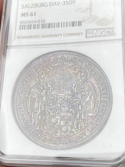 万国钱币拍卖第061期（马年首拍） NGC MS61 1682年神圣罗马帝国萨尔茨堡主教区建立1100周年马克西米安·甘道夫大泰勒 早期大规格神罗教区泰勒 好品难得一见 原味欧陆五彩环绕极美 顶级收藏品质