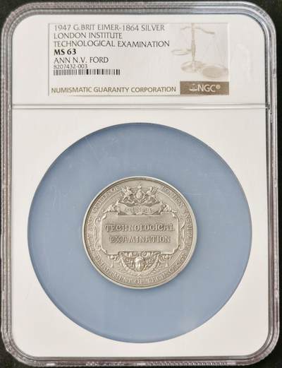 “福币呈祥”新年甄品场（直播拍卖）甄臻铺-世界币章拍卖（第50期），送拍享返佣金等优惠多多 - NGC-MS63 1947年英国伦敦城市与行会技术部最终考试获奖银章，直径51毫米。正面是协会徽章和装饰，背面刻有“FINAL TECHNOLOGICAL EXAMINATION”字样，底部是“DEPARTMENT OF TECHNOLOGY”字样，边铭有获奖者姓名、奖项及获奖日期。
