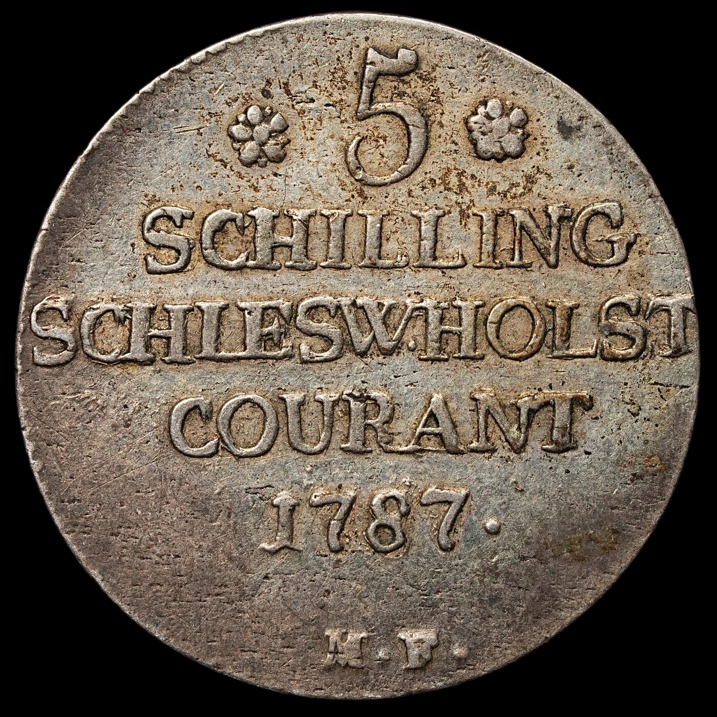 修遠堂世界钱币第105期，马年首拍 1787年石勒苏益格 - 荷尔斯泰因公国5先令银币，4.24g