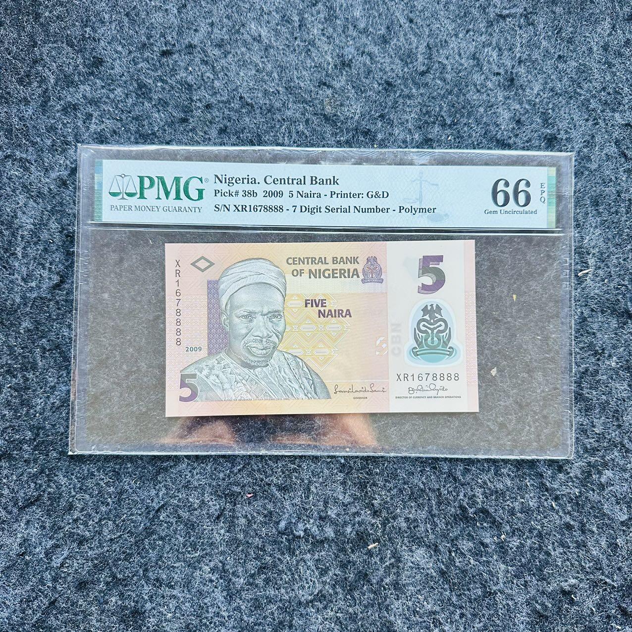 🇨🇳🇺🇳¥ ¥2026🐎新年塑料钞评级钞 尼日利亚2009年5奈拉，豹子号888，(XR1678888)