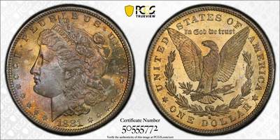 “福币呈祥”新年甄品场（直播拍卖）甄臻铺-世界币章拍卖（第50期），送拍享返佣金等优惠多多 - PCGS MS65 美国 1881年S版 摩根$1大银币 双面通体黄油彩包浆 高涨品种