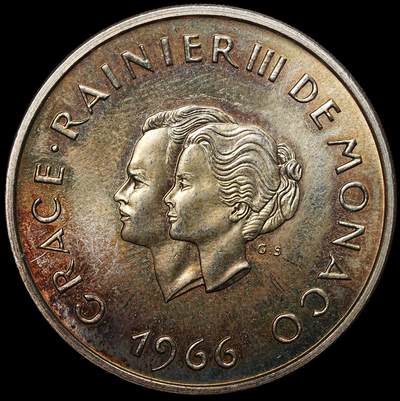 修遠堂世界钱币第105期，马年首拍 - 1966年摩纳哥兰尼埃三世与格蕾丝王妃结婚十周年纪念10法郎银币，25g，含银90%