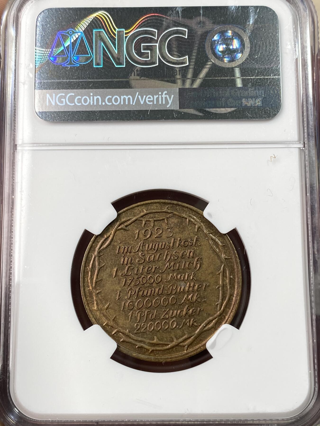 万国钱币拍卖第061期（马年首拍） NGC MS63～64 1923年德国萨克森紧急时期通货膨胀纪念铜章一组两枚 罕见德紧品种 由弗里德里希·威廉·霍恩莱因设计 穆尔登赫滕铸币厂造 背面是当时物价指数