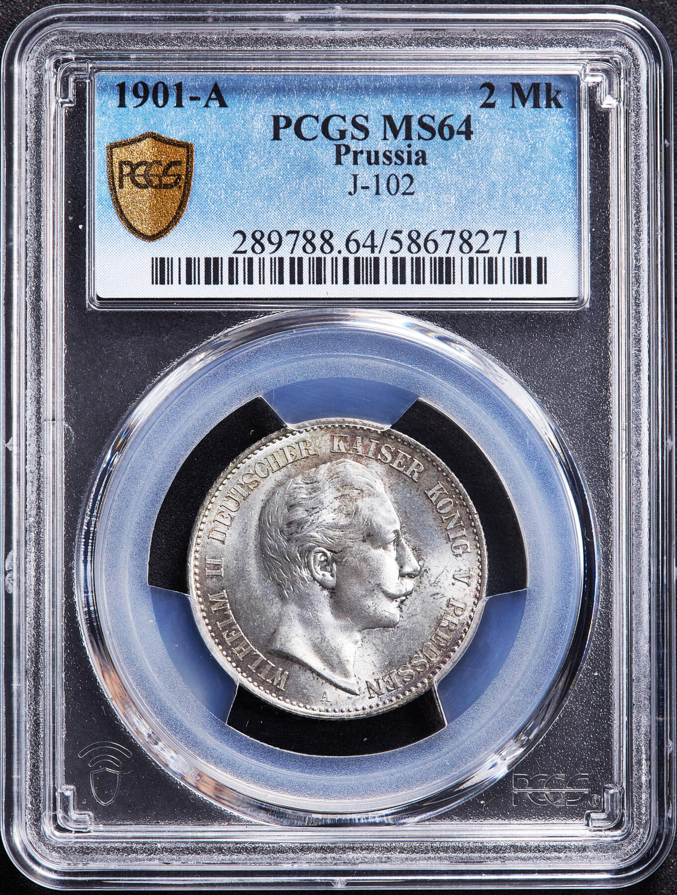 【俄甄集藏】马年新春第一拍 2026年(048)02-25星期三 晚 19:30 全场包邮 德国普鲁士1901年威廉二世A版2马克银币，PCGS MS64，转光品相，流通版2马克MS少见