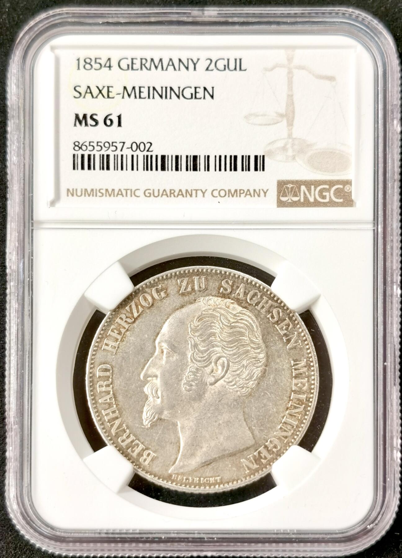 “福币呈祥”新年甄品场（直播拍卖）甄臻铺-世界币章拍卖（第50期），送拍享返佣金等优惠多多 NGC-MS61 1854年德国萨克森-梅宁根2古尔登大银币 罕见小邦品种 暴力十字转光银霜满满，低评高性价比