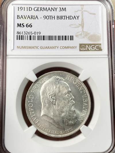 万国钱币拍卖第061期（马年首拍） - NGC MS66 1911德国巴伐利亚利奥波德九十大寿纪念长翅3马克 原味银霜GEM转光 无可挑剔的品质状态