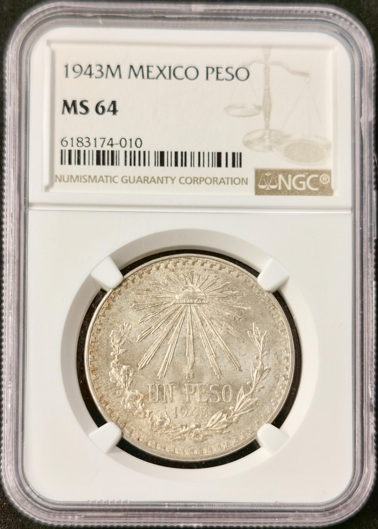 “福币呈祥”新年甄品场（直播拍卖）甄臻铺-世界币章拍卖（第50期），送拍享返佣金等优惠多多 NGC-MS64 墨西哥1943年草帽鹰洋1比索银币，自然包浆