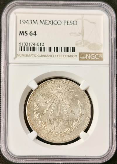 “福币呈祥”新年甄品场（直播拍卖）甄臻铺-世界币章拍卖（第50期），送拍享返佣金等优惠多多 - NGC-MS64 墨西哥1943年草帽鹰洋1比索银币，自然包浆