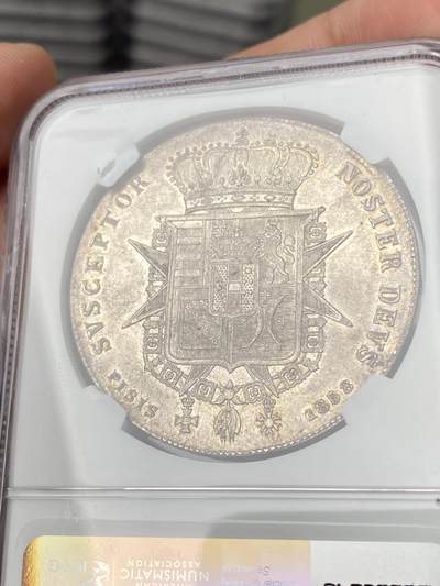 万国钱币拍卖第061期（马年首拍） NGC MS63 1858年意大利托斯卡纳利奥波德二世4菲奥里尼大银 全深打丝绸转光香槟淡彩环绕 收藏级品质