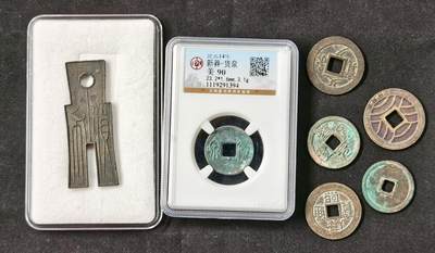 甄臻铺-世界币章拍卖（第51期），送拍享返佣金等优惠多多 - 散币一组，新莽货布悬针篆非常美，圣宋元宝正字（篆书）、大字一对，大字熟美正字原状态未流通直边可站立，三枚热门品种。货泉、宽永背三日月村花钱、直边搓狠文久永宝、康熙罗汉工艺品