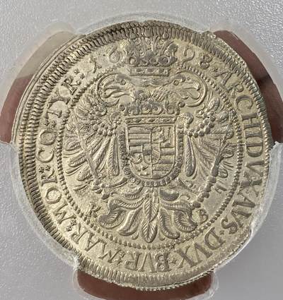 万国钱币拍卖第061期（马年首拍） PCGS AU55 1698年神圣罗马帝国匈牙利利奥波德一世双头鹰纹章大泰勒 克雷姆尼茨造币厂铸 非常罕见的早期大规格匈牙利泰勒 全深打原味银色光泽 PCGS唯一冠军 难得一见的收藏品质