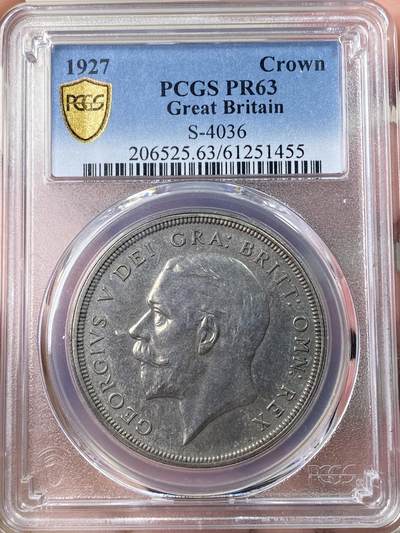 万国钱币拍卖第061期（马年首拍） PCGS PR63 1927英国乔治五世精制花冠克朗 发行量15000枚 镜面精铸厚重黑彩极美