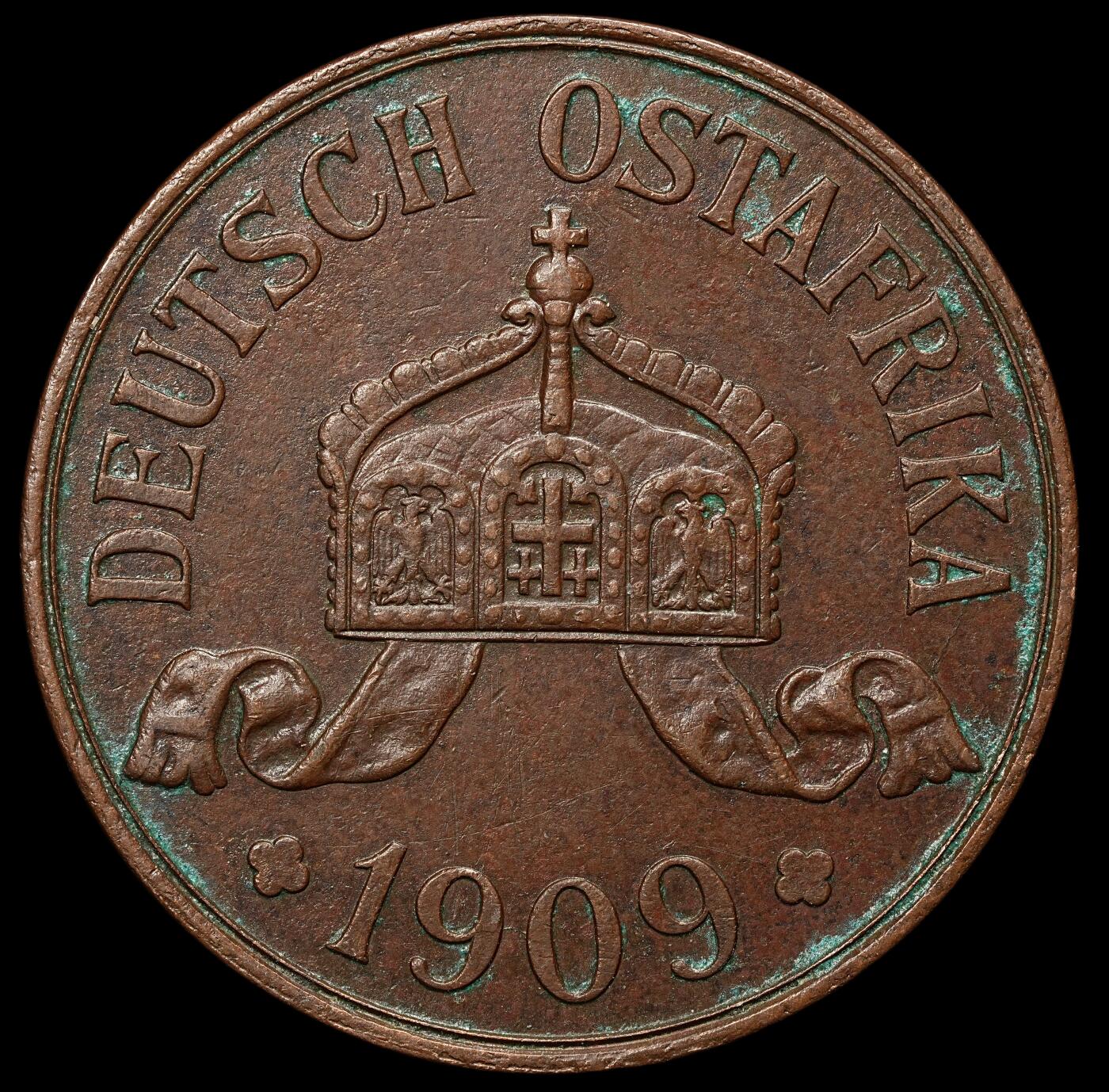 修遠堂世界钱币第105期，马年首拍 1909年德属东非5赫勒大铜币