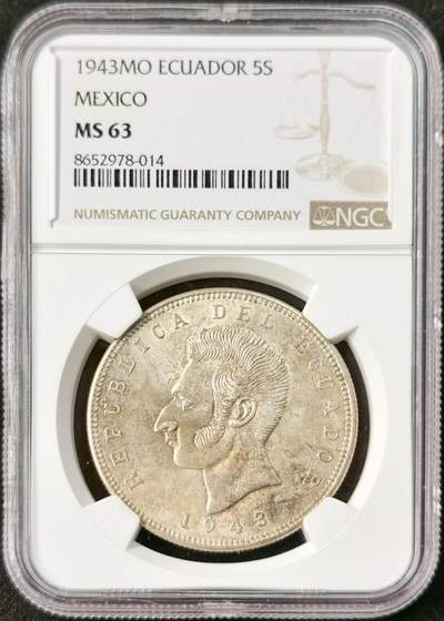 “福币呈祥”新年甄品场（直播拍卖）甄臻铺-世界币章拍卖（第50期），送拍享返佣金等优惠多多 - NGC-MS64 厄瓜多尔1943年5苏克雷大银币，共发行2年，较少的年份，转光强烈，极美包浆。币面正面为“南美解放者”西蒙·玻利瓦尔的侧面肖像，推动厄瓜多尔等拉美国家独立的核心领袖，币面设计承载着厄瓜多尔的民族精神。1943年正值二战时期，厄瓜多尔因本土造币产能不足，委托墨西哥造币厂（MO厂标）铸造该币