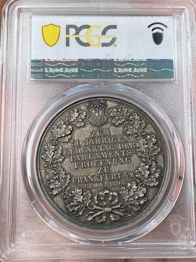 万国钱币拍卖第061期（马年首拍） PCGS SP63 1898年德国法兰克福纪念保罗教堂议会开幕50周年大银章 高浮雕法兰克福双头鹰英姿飒爽 通体原味均匀德式五彩极美 罕见品种收藏级 41mm 33.72g