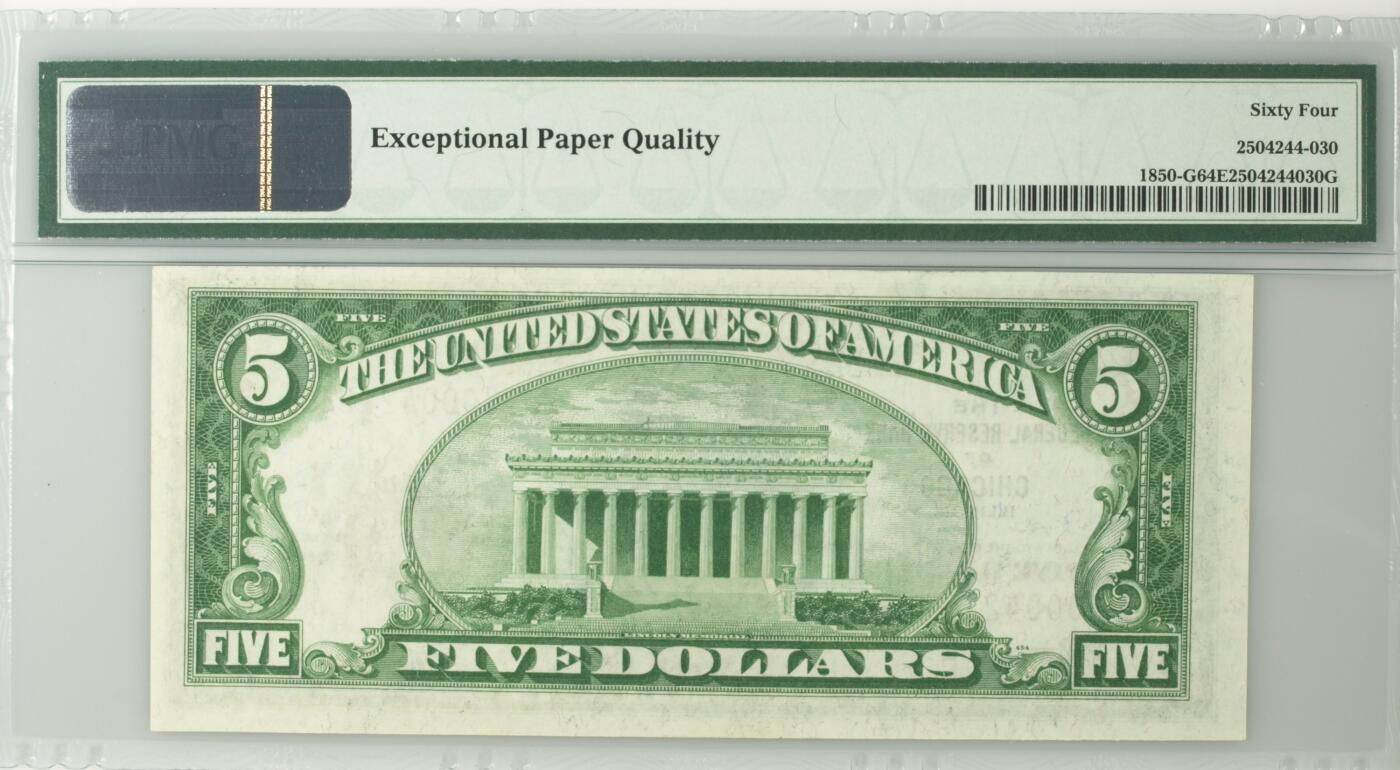 【礼羽收藏】🌏世界钱币拍卖125期  【棕色 联邦储备银行券 Chicago首发A冠 万位号】1929年 5美 PMG64EPQ 老壳